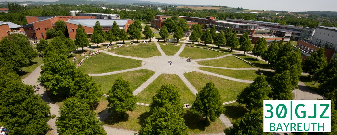Campus der Universität Bayreuth aus der Vogelperspektive plus Logo des GJZ 2019.